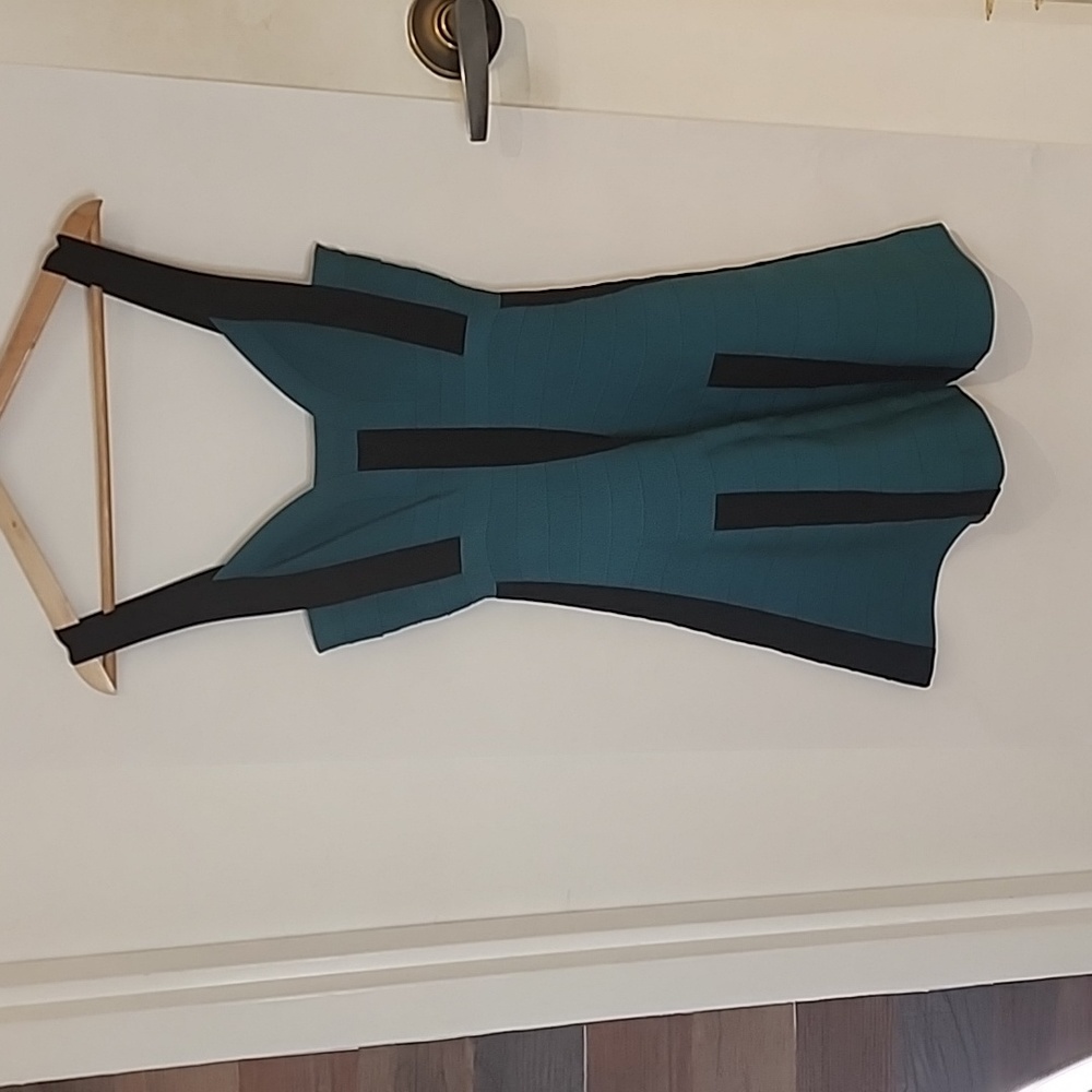 Herve Leger Turquoise and Black Mini Dress